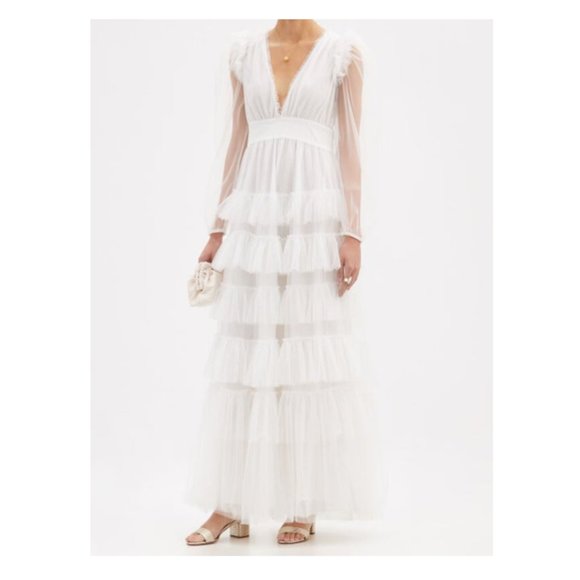 ❌SOLD❌LoveShackFancy Francoise V-neck Ruffled Tulle Dress White Tiered Sheer - Picture 2 of 15